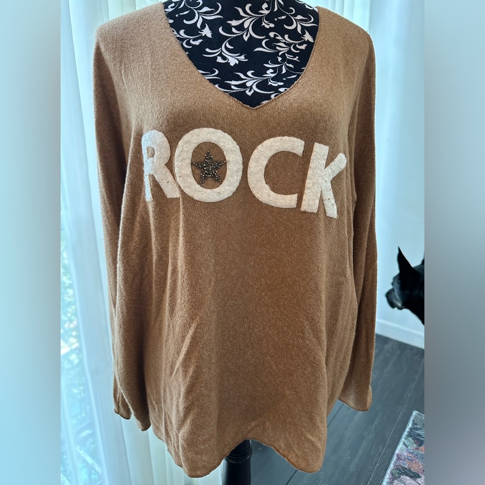 Super soft women’s ROCK sweater, tan with a touch of bling